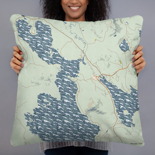 Person holding 22x22 Custom Mooselookmeguntic Maine Map Throw Pillow in Woodblock