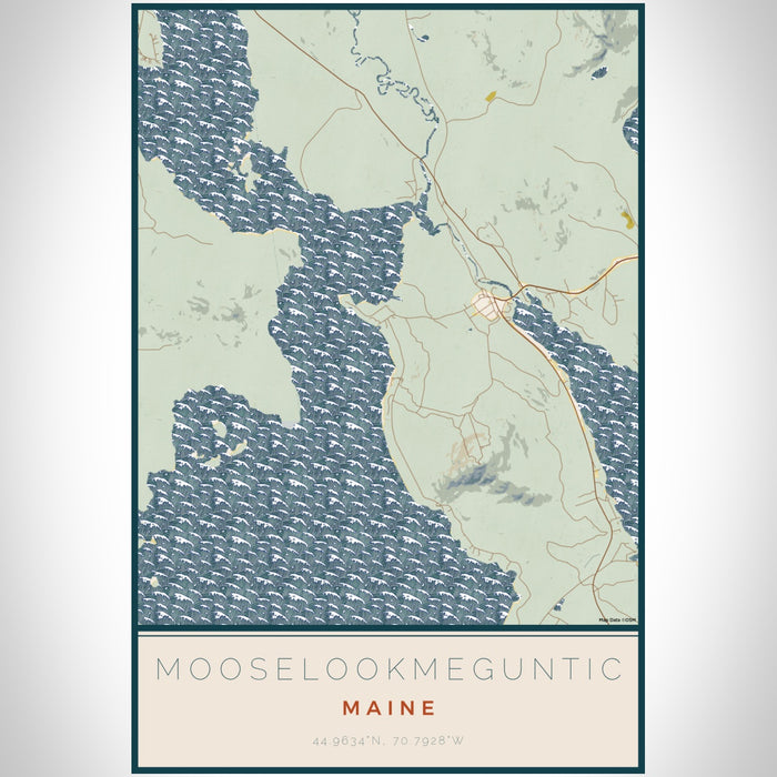Mooselookmeguntic Maine Map Print Portrait Orientation in Woodblock Style With Shaded Background