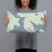 Person holding 20x12 Custom Mooselookmeguntic Maine Map Throw Pillow in Woodblock