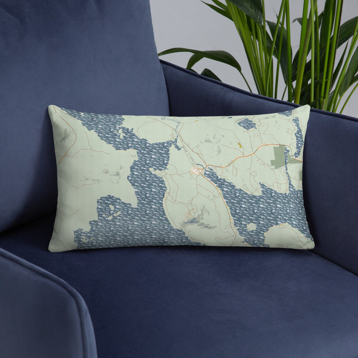 Custom Mooselookmeguntic Maine Map Throw Pillow in Woodblock on Blue Colored Chair
