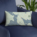 Custom Mooselookmeguntic Maine Map Throw Pillow in Woodblock on Blue Colored Chair