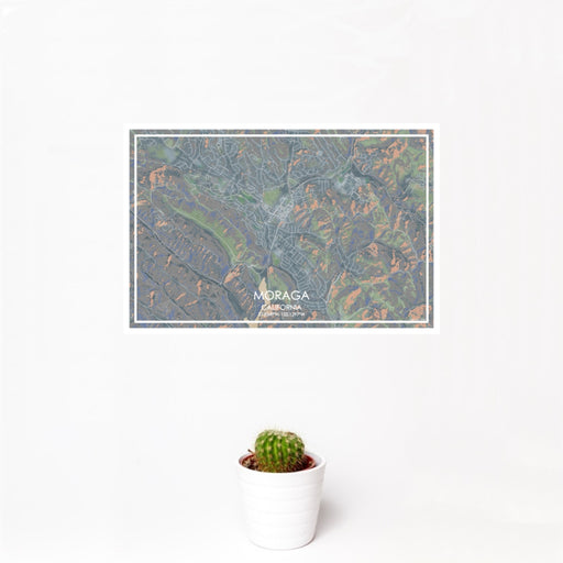 12x18 Moraga California Map Print Landscape Orientation in Afternoon Style With Small Cactus Plant in White Planter