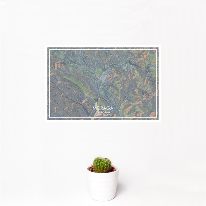 12x18 Moraga California Map Print Landscape Orientation in Afternoon Style With Small Cactus Plant in White Planter