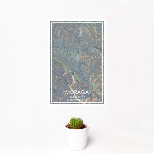 12x18 Moraga California Map Print Portrait Orientation in Afternoon Style With Small Cactus Plant in White Planter