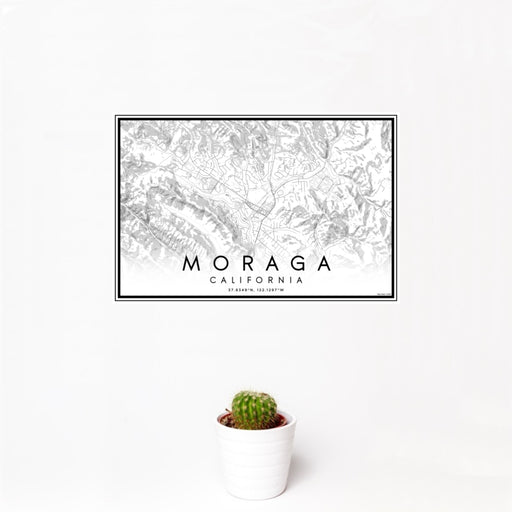 12x18 Moraga California Map Print Landscape Orientation in Classic Style With Small Cactus Plant in White Planter