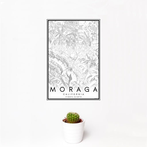 12x18 Moraga California Map Print Portrait Orientation in Classic Style With Small Cactus Plant in White Planter