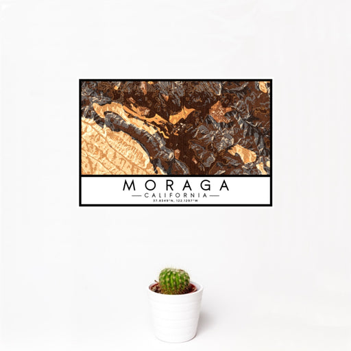 12x18 Moraga California Map Print Landscape Orientation in Ember Style With Small Cactus Plant in White Planter