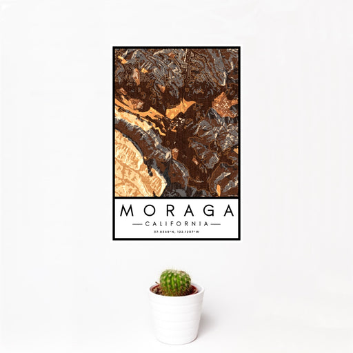 12x18 Moraga California Map Print Portrait Orientation in Ember Style With Small Cactus Plant in White Planter