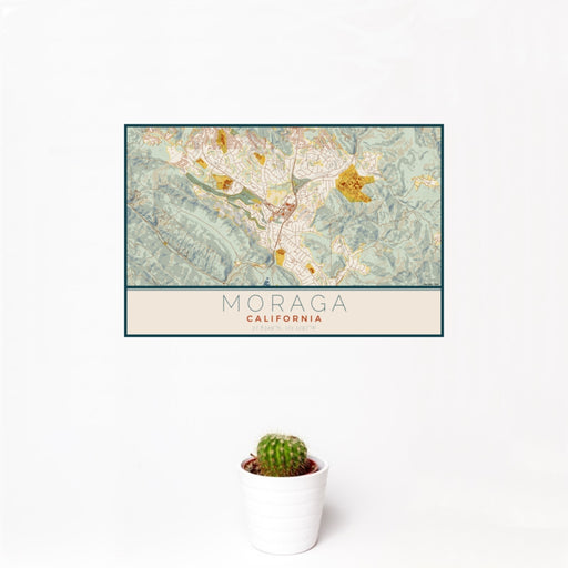 12x18 Moraga California Map Print Landscape Orientation in Woodblock Style With Small Cactus Plant in White Planter