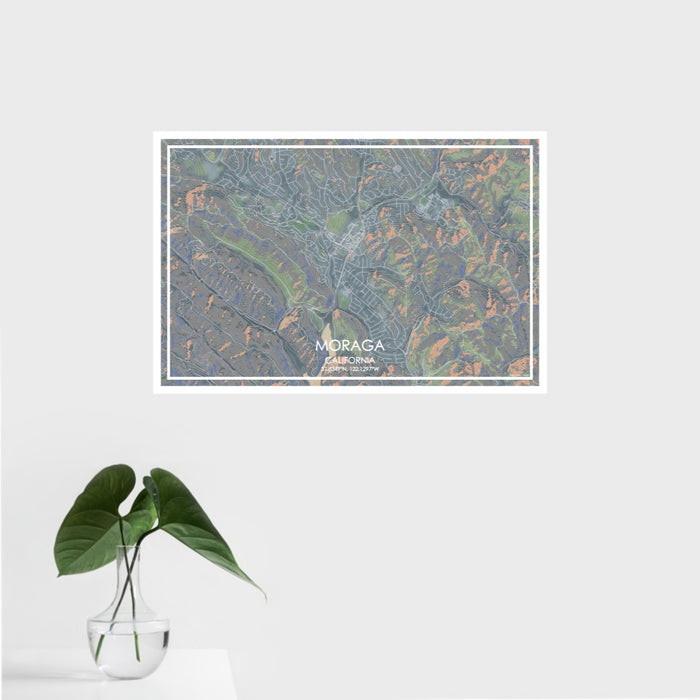 16x24 Moraga California Map Print Landscape Orientation in Afternoon Style With Tropical Plant Leaves in Water