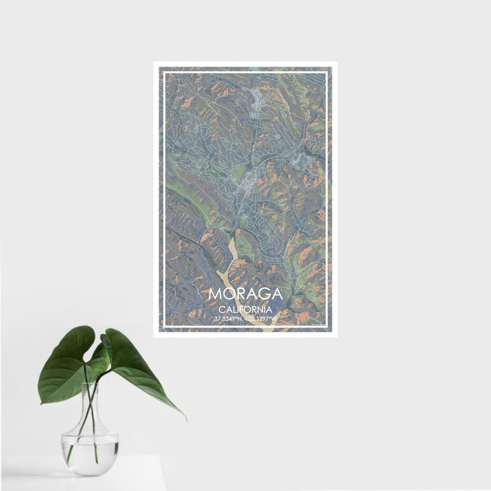16x24 Moraga California Map Print Portrait Orientation in Afternoon Style With Tropical Plant Leaves in Water