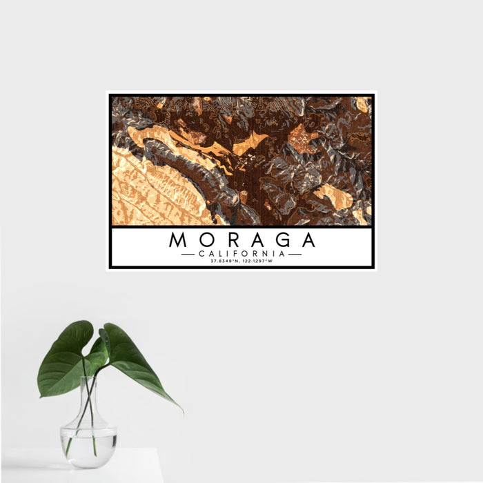 16x24 Moraga California Map Print Landscape Orientation in Ember Style With Tropical Plant Leaves in Water