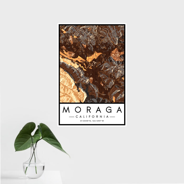 16x24 Moraga California Map Print Portrait Orientation in Ember Style With Tropical Plant Leaves in Water