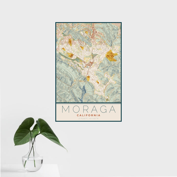 16x24 Moraga California Map Print Portrait Orientation in Woodblock Style With Tropical Plant Leaves in Water