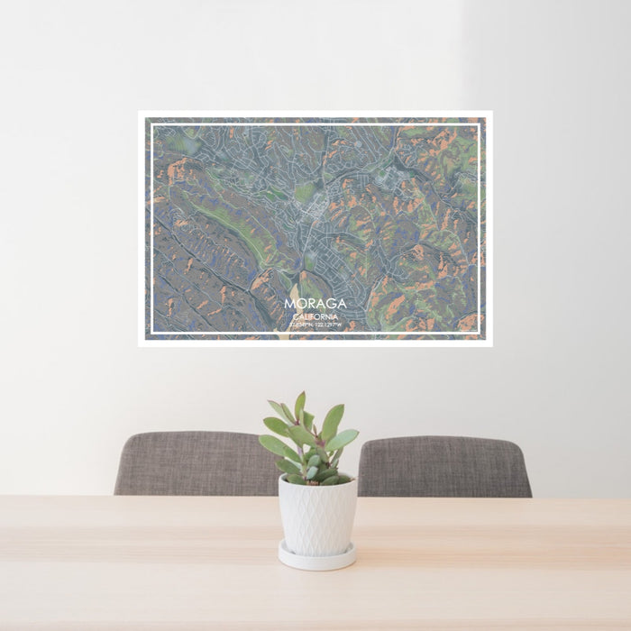 24x36 Moraga California Map Print Lanscape Orientation in Afternoon Style Behind 2 Chairs Table and Potted Plant