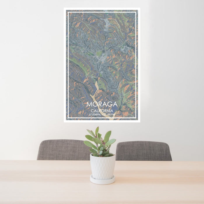 24x36 Moraga California Map Print Portrait Orientation in Afternoon Style Behind 2 Chairs Table and Potted Plant