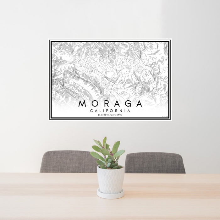 24x36 Moraga California Map Print Lanscape Orientation in Classic Style Behind 2 Chairs Table and Potted Plant