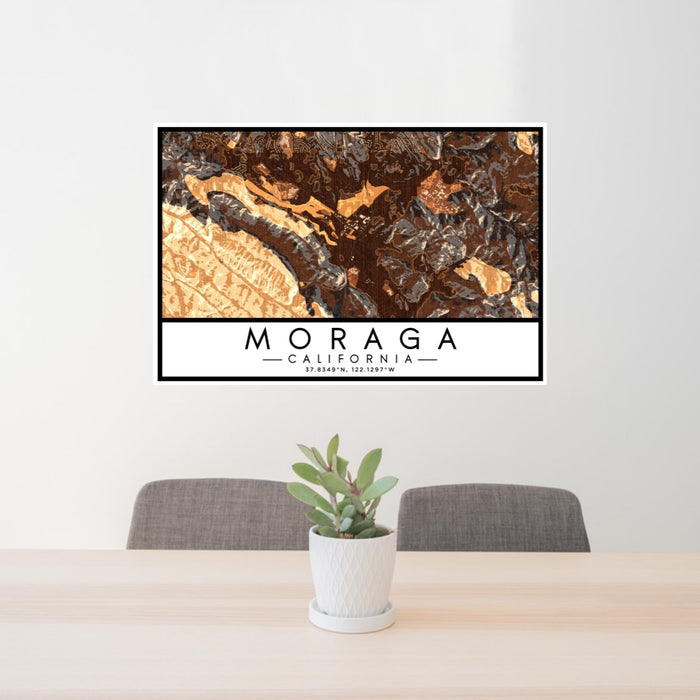 24x36 Moraga California Map Print Lanscape Orientation in Ember Style Behind 2 Chairs Table and Potted Plant