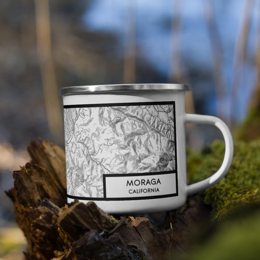 Right View Custom Moraga California Map Enamel Mug in Classic on Grass With Trees in Background