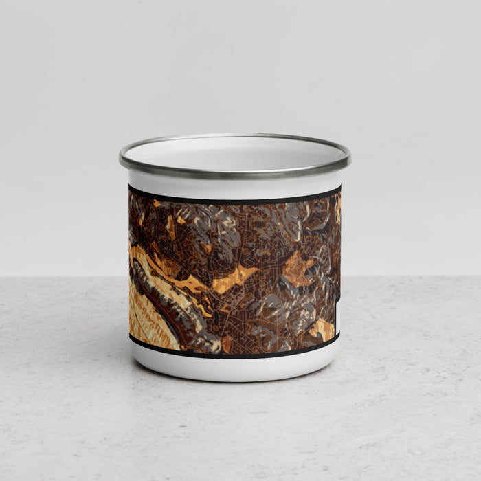 Front View Custom Moraga California Map Enamel Mug in Ember
