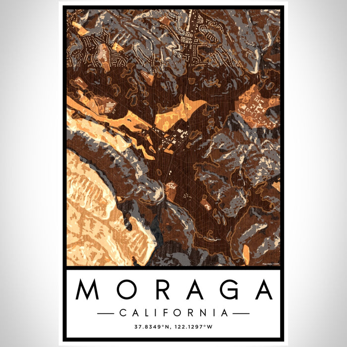 Moraga California Map Print Portrait Orientation in Ember Style With Shaded Background