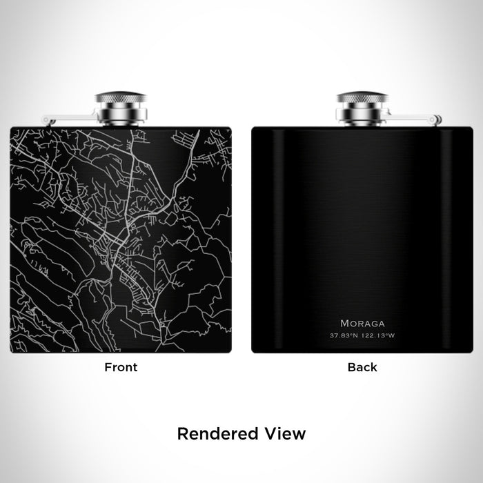 Rendered View of Moraga California Map Engraving on 6oz Stainless Steel Flask in Black