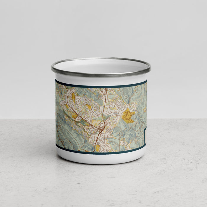 Front View Custom Moraga California Map Enamel Mug in Woodblock