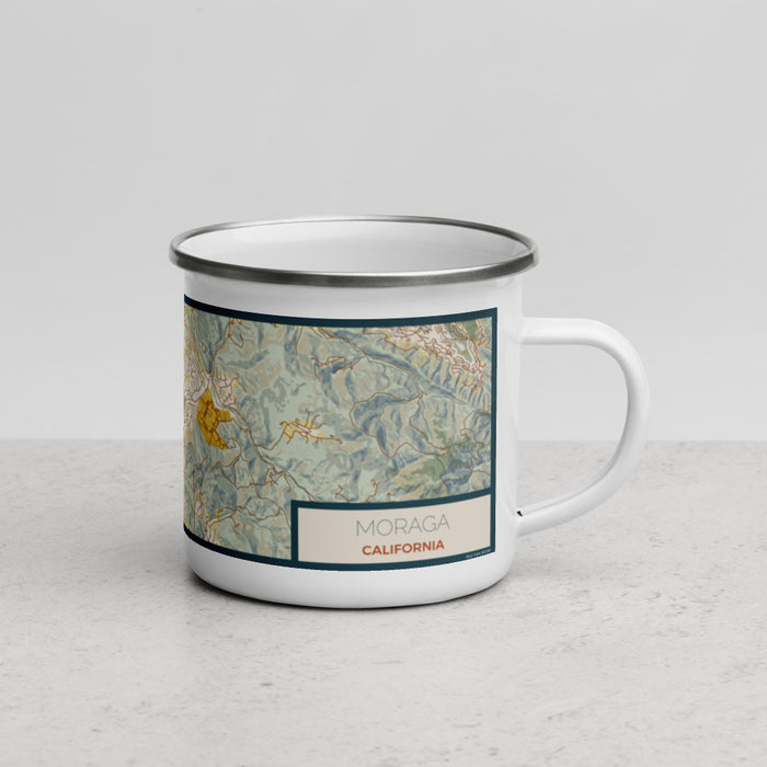 Right View Custom Moraga California Map Enamel Mug in Woodblock