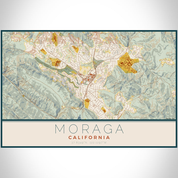 Moraga California Map Print Landscape Orientation in Woodblock Style With Shaded Background