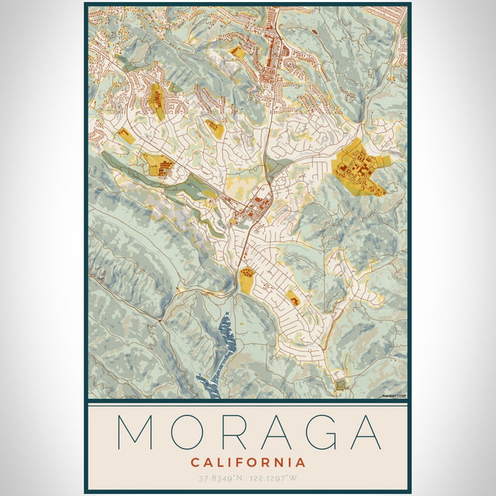 Moraga California Map Print Portrait Orientation in Woodblock Style With Shaded Background