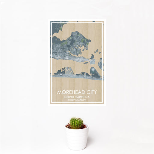 12x18 Morehead City North Carolina Map Print Portrait Orientation in Afternoon Style With Small Cactus Plant in White Planter