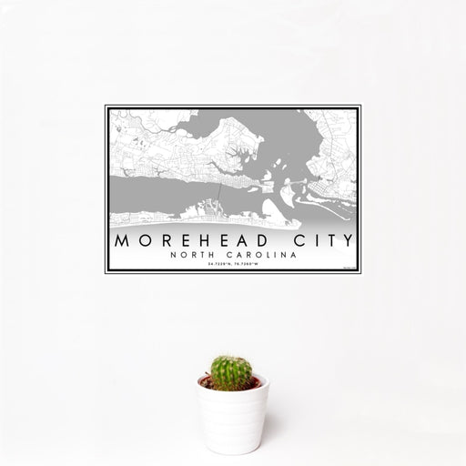 12x18 Morehead City North Carolina Map Print Landscape Orientation in Classic Style With Small Cactus Plant in White Planter