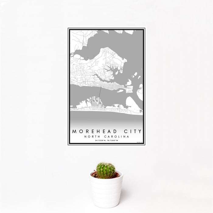 12x18 Morehead City North Carolina Map Print Portrait Orientation in Classic Style With Small Cactus Plant in White Planter