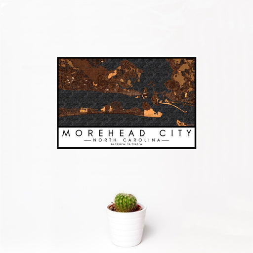 12x18 Morehead City North Carolina Map Print Landscape Orientation in Ember Style With Small Cactus Plant in White Planter