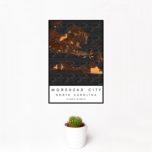 12x18 Morehead City North Carolina Map Print Portrait Orientation in Ember Style With Small Cactus Plant in White Planter