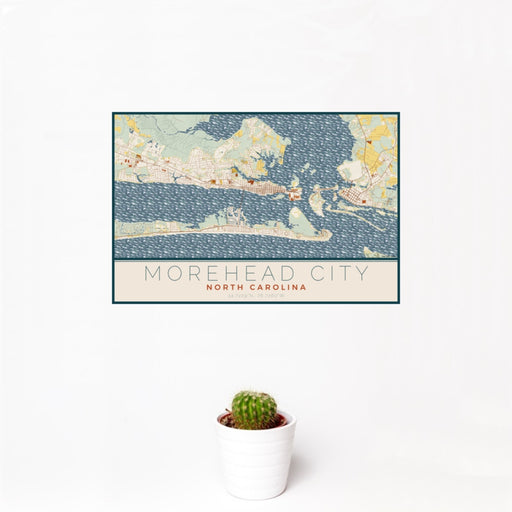 12x18 Morehead City North Carolina Map Print Landscape Orientation in Woodblock Style With Small Cactus Plant in White Planter