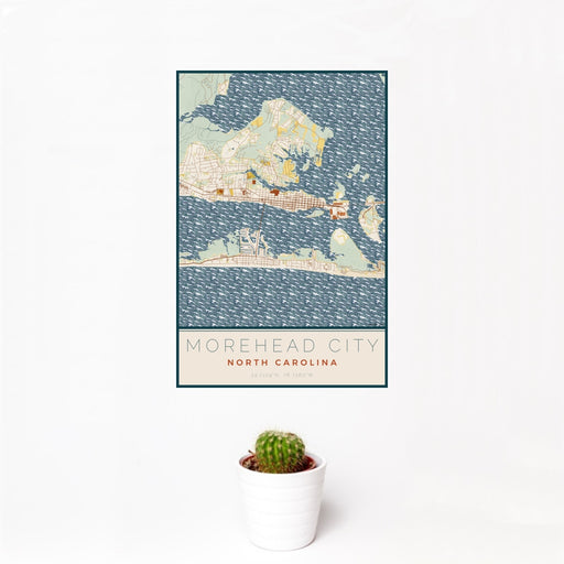 12x18 Morehead City North Carolina Map Print Portrait Orientation in Woodblock Style With Small Cactus Plant in White Planter