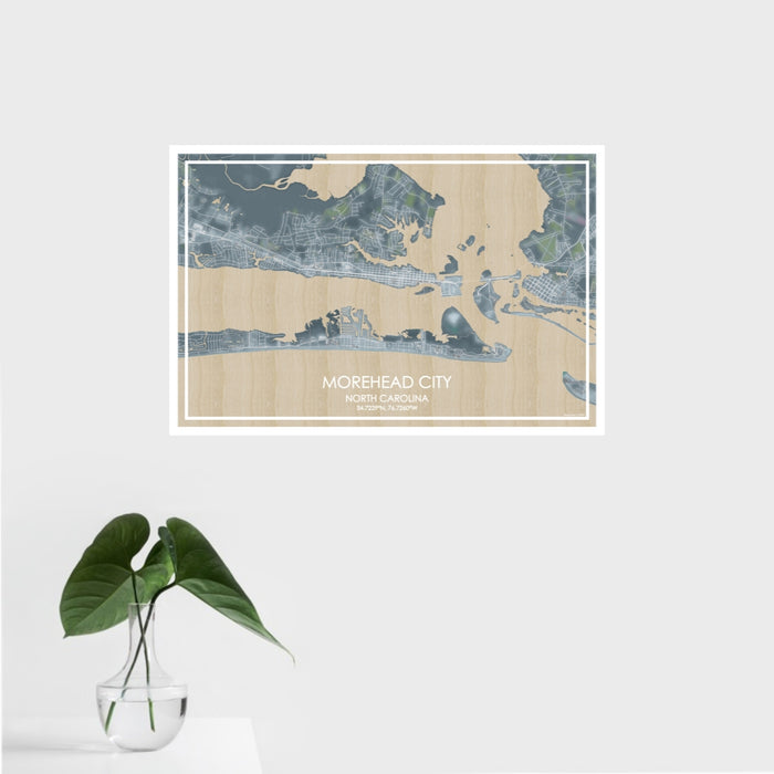 16x24 Morehead City North Carolina Map Print Landscape Orientation in Afternoon Style With Tropical Plant Leaves in Water