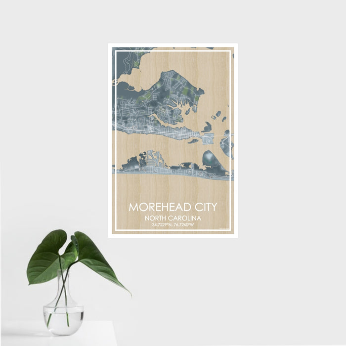 16x24 Morehead City North Carolina Map Print Portrait Orientation in Afternoon Style With Tropical Plant Leaves in Water