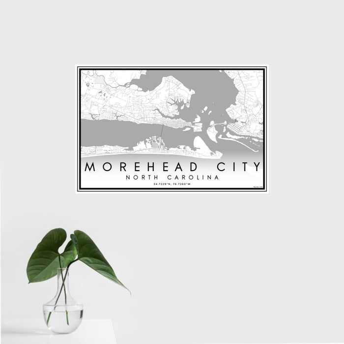 16x24 Morehead City North Carolina Map Print Landscape Orientation in Classic Style With Tropical Plant Leaves in Water