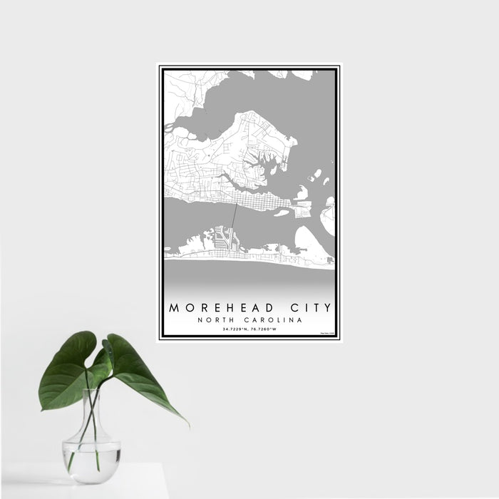 16x24 Morehead City North Carolina Map Print Portrait Orientation in Classic Style With Tropical Plant Leaves in Water