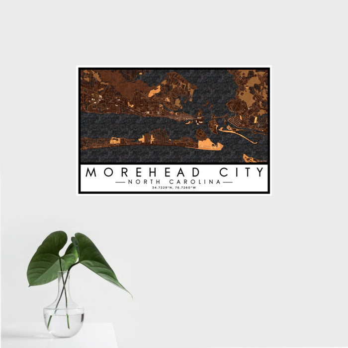 16x24 Morehead City North Carolina Map Print Landscape Orientation in Ember Style With Tropical Plant Leaves in Water