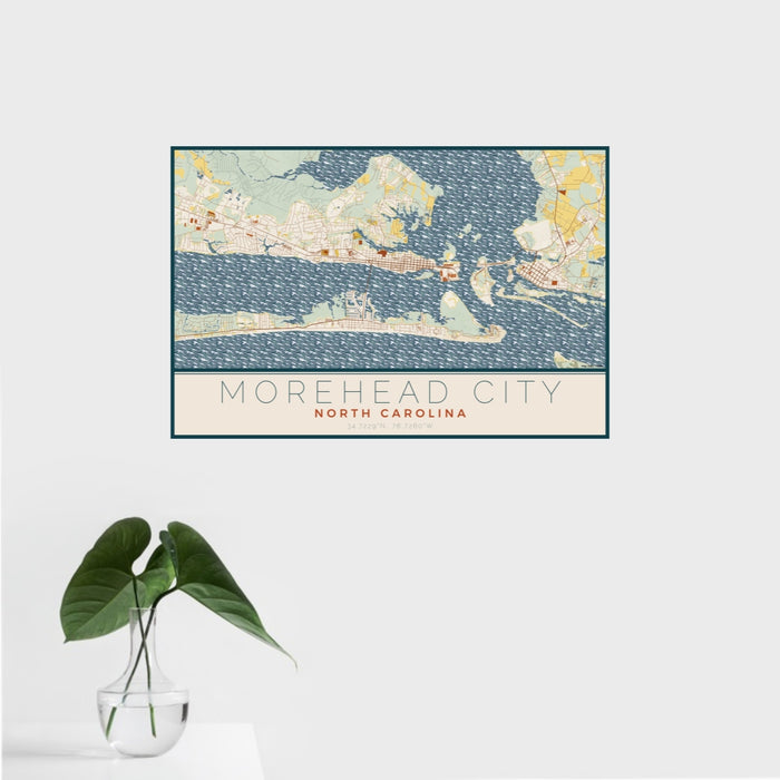 16x24 Morehead City North Carolina Map Print Landscape Orientation in Woodblock Style With Tropical Plant Leaves in Water