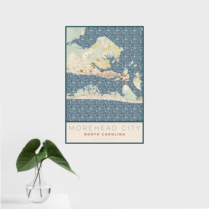 16x24 Morehead City North Carolina Map Print Portrait Orientation in Woodblock Style With Tropical Plant Leaves in Water