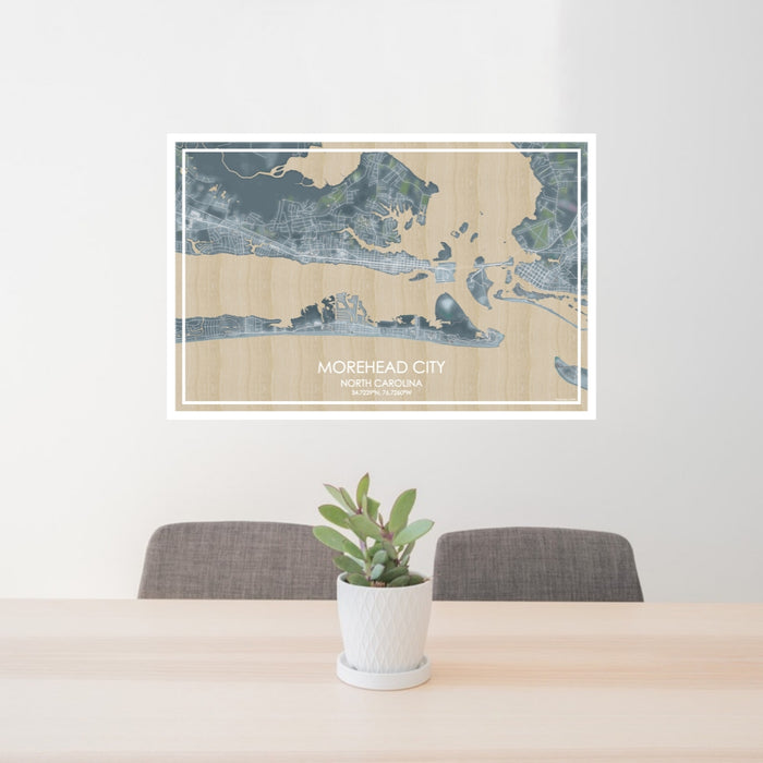 24x36 Morehead City North Carolina Map Print Lanscape Orientation in Afternoon Style Behind 2 Chairs Table and Potted Plant