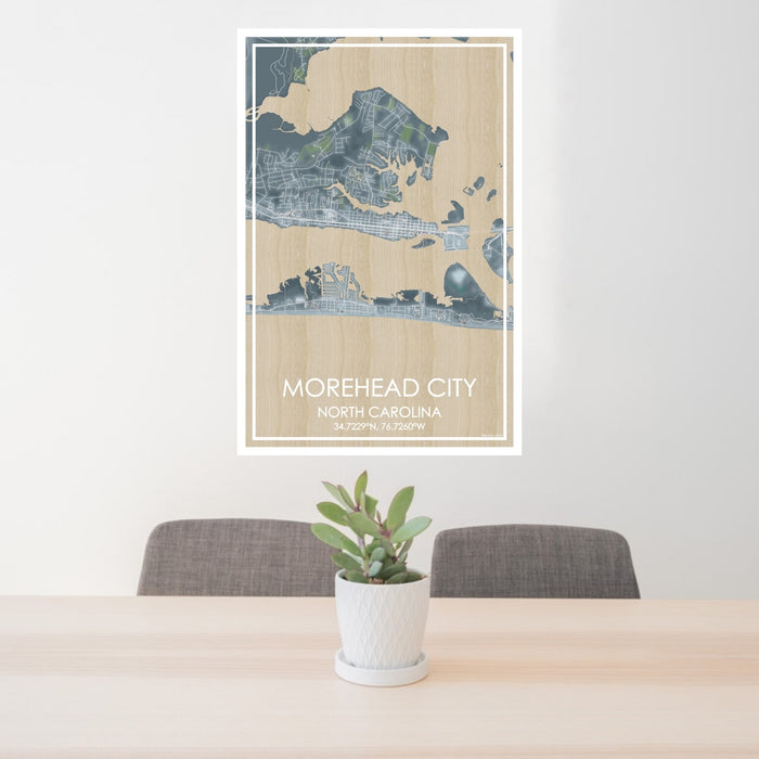 24x36 Morehead City North Carolina Map Print Portrait Orientation in Afternoon Style Behind 2 Chairs Table and Potted Plant