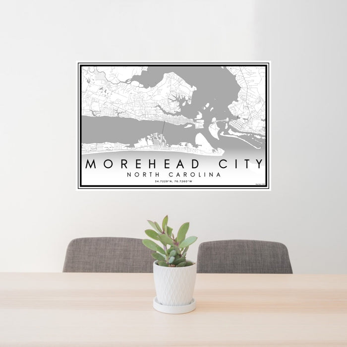 24x36 Morehead City North Carolina Map Print Lanscape Orientation in Classic Style Behind 2 Chairs Table and Potted Plant