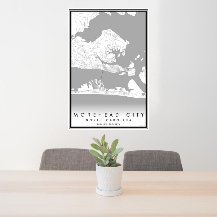 24x36 Morehead City North Carolina Map Print Portrait Orientation in Classic Style Behind 2 Chairs Table and Potted Plant