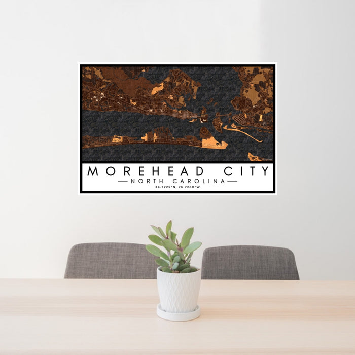 24x36 Morehead City North Carolina Map Print Lanscape Orientation in Ember Style Behind 2 Chairs Table and Potted Plant