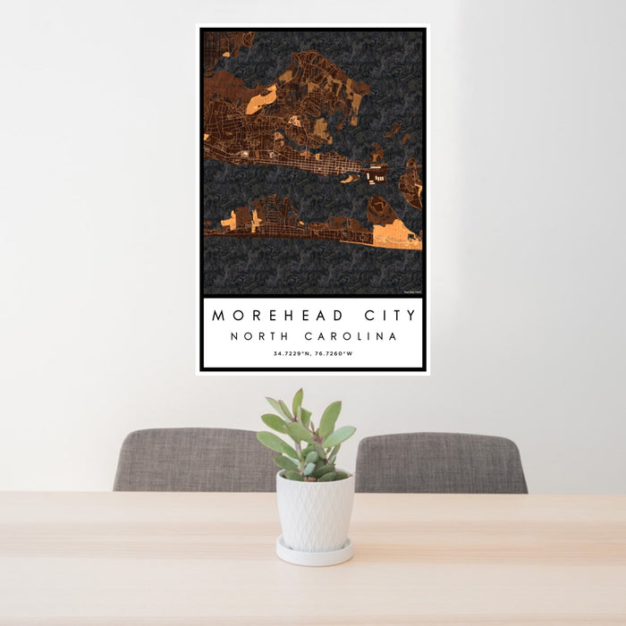 24x36 Morehead City North Carolina Map Print Portrait Orientation in Ember Style Behind 2 Chairs Table and Potted Plant